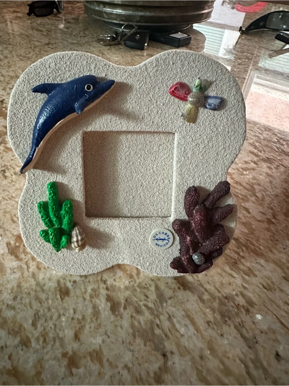 Sea Themed Frame with Sandy Texture. Holds 2x2 Photo. No Glass. Cabo Mexico